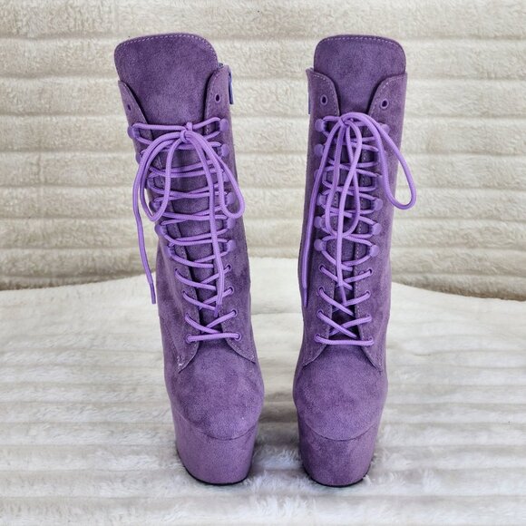 Lavender Lilac Purple Faux Suede Platform 7" Heel Lace Up Ankle Boots - Picture 5 of 12